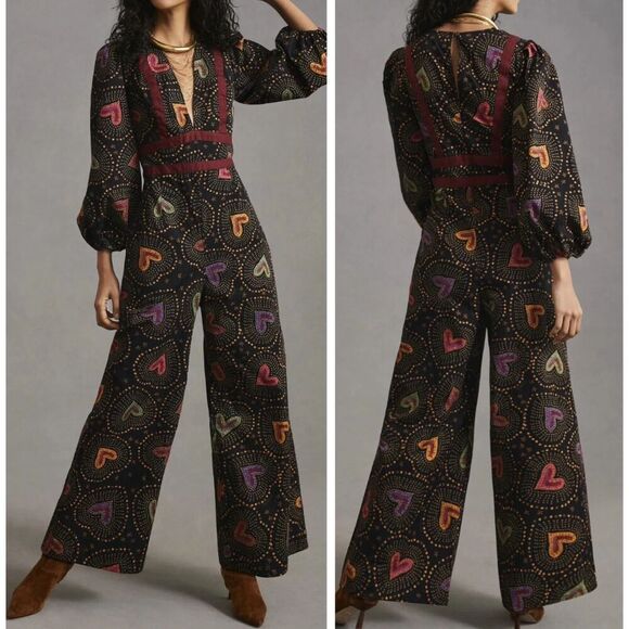 NEW Anthropologie x Farm Rio Deep-V Hearts Print Wide-Leg Jumpsuit, Size Medium - Picture 1 of 8
